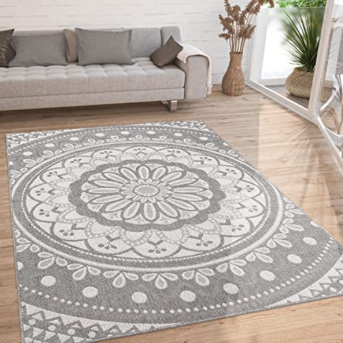 Paco Home Outdoor Teppich wetterfest & robust modernes Mandala & Boho Design pflegeleicht & flachgewebt für Balkon, Terrasse, Garten, Wohnzimmer & Küche Ethno Mandala, Grösse:60x100 cm, Farbe:Grau