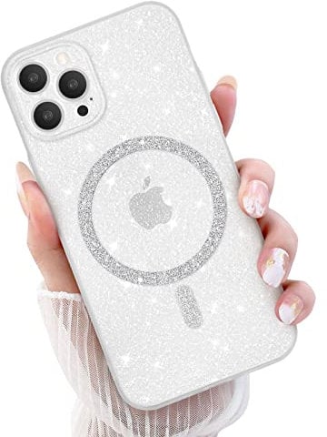 Newseego Glitter Clear iPhone 12 Pro Case for Girls Women [Compatible for MagSafe], Magnetic Phone Case Cute Sparkly Bling Slim Shockproof Camera Protection Bumper Cover for iPhone 12 Pro-White