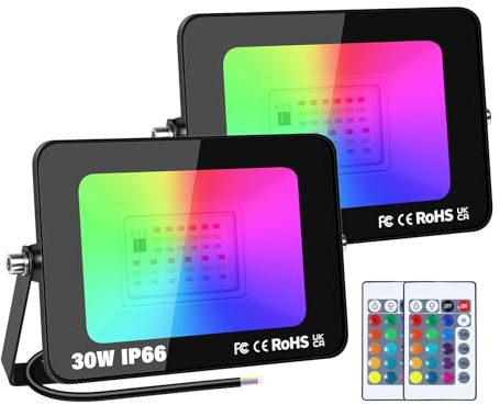 SKYWORLD 2 pezzi 30W Faretti RGB da Esterno,Impermeabile Faretti Led Colorati da Esterno con Telecomando,Proiettori Faretti Cambio Colore RGB Modalità di Strobo per Vacanze Feste Halloween