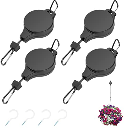 Coolty 4 Stück Einziehbarer Haken für Pflanzen Ampelaufzug Blumenampel Flaschenzug Pflanzenlift Blumenkorb Haken für Hängende Pflanzenkörbe Vogelfutterhäuschen (Schwarz)