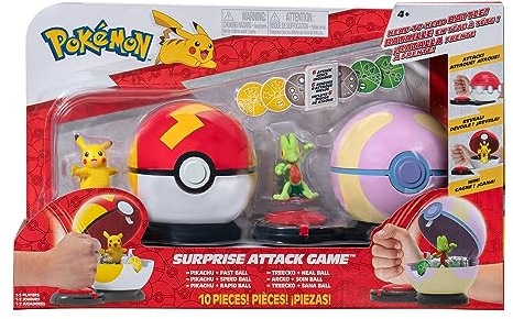 Pokémon PKW3165 - Surprise Attack Game - Pikachu vs. Geckarbor, offizielles Spielset mit Figuren