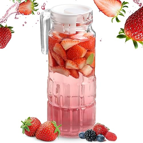 KADAX Pichet en Verre 1L, Carafe à Eau avec Poignée Solide et Couvercle en Plastique, Parfait pour Limonade, Thé Glacé et Jus de Fruits Frais (Rectangles)