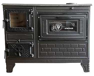 Poêle en fonte noire avec four, cheminée en fonte durable, cuisinière de cuisson, cuisinière de chauffage, poêle de chauffage, poêle de cabine, cheminée doublée de brique avec fenêtre, poêle