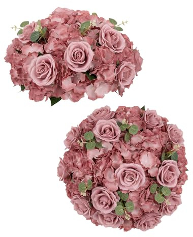 BLOSMON Artificial Flower Balls Wedding Centerpieces 2 Pcs 15.7 Large Dusty Pink Fake Flowers Rose Hydrangea Ball Arrangement Center Pieces for Table Silk Floral Bouquet for Wedding Party Home Decor
