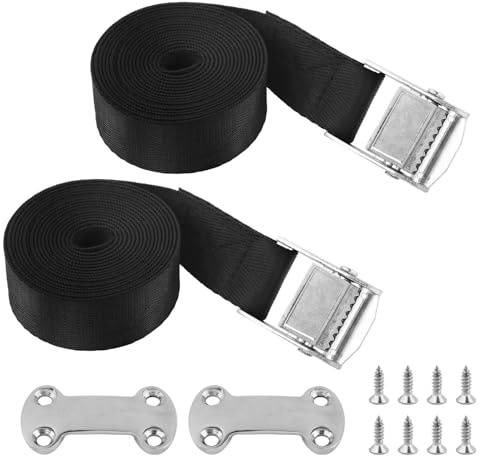 2PCS Cooler Tie Down Kit, Cooler Tie Down Straps, Heavy Duty Stainless Steel Battery Tie Down Straps with Stainless Brackets Footman Deck Loop for Gas Fuel Tank, RTIC Coolers(Black)