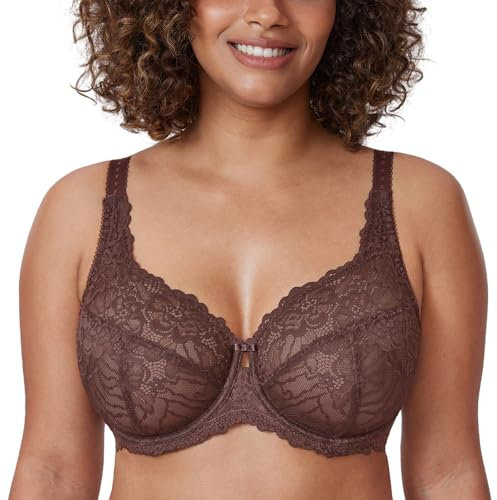 DELIMIRA Donna Reggiseno Minimizer in Pizzo Taglie Forti Coppa Completa con Ferretto Senza Imbottito Taupe 5G