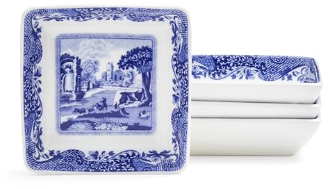 Spode Blue Italian Square Dishes | Set of 4 Small Serving Dishes for Dips, Sauces and Condiments | 3 Inch Bowls made of Fine Porcelain | Microwave and Dishwasher Safe