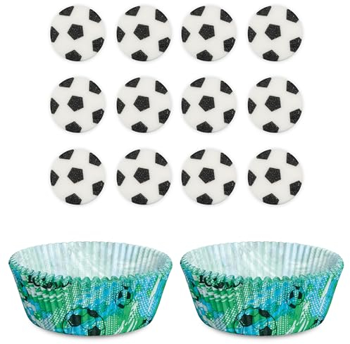 Fußball Muffinförmchen 60 Stück & Backdekorationen 12 Stück, Muffinförmchen aus Papier & Zuckerdekor zum Backen von Cupcakes & Muffins, ideal für Kinder-Geburtstage & Einschulungen