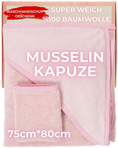 Tagopia Baby Handtuch Kapuze Mädchen%100 Baumwolle Babyhandtuch mit Kapuze 75x80cm Musselin Kapuzenhandtuch, mit Waschlappen, Baby Badetuch, Handschuh, Baby Sachen für Neugeborene