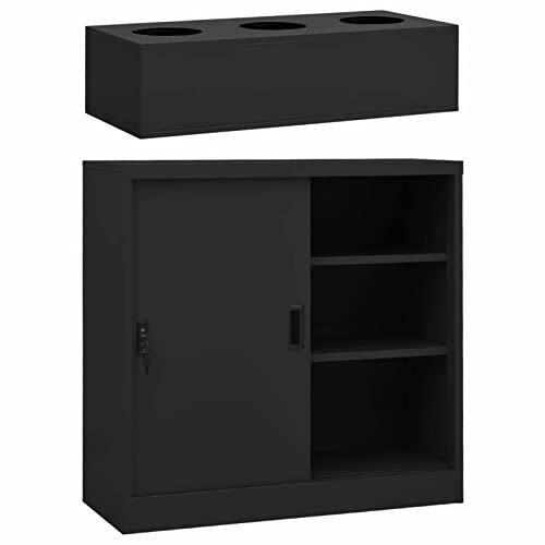 BAZZI Schrank mit Schiebetüren & Pflanzkasten, Schiebetürenschränke Anthrazit, Stahl Spindschrank, Lagerschrank, Wertfachschrank, Metallschrank, Spind, Schließfächer, Kleiderschrank