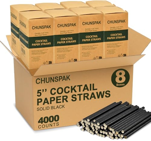 Chunspak Einweg-Trinkhalme aus Papier, 12,7 cm, Schwarz, 4.000 Stück, für Cocktail, Kaffee, kurze Getränke, Bars, Restaurants