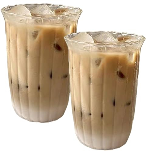 Hilai Kaffeegläser, gerippte Glasse 2 Stück Trinkgläser Wellenform Iced Coffee Glass 420 ml Vintage Glas Tassen Ripple Glaswaren für Boba Smoothie Wassersaft Bier Cocktail