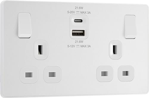 BG Electrical Double Switched Power Wall Plug Socket with Fast Charge Type A and Type C USB Charging Ports, Evolve, Pearlescent White, 13A, 22W, PCDCL22UAC22W