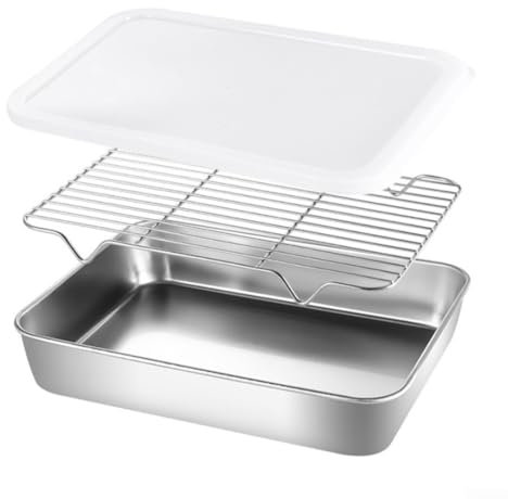 Baking Pan Tray with Cooling Rack and Lid Set Stainless Steel Toaster Oven Pan Cookware for Kitchen(23x17x5cm)