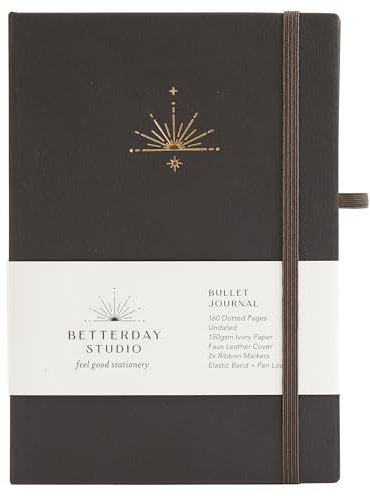 Betterday Studio - Undated Bullet Journal - 160 Dotted Pages with Faux Leather Cover, 2x Ribbon Markers for Bookmarking, Journal with Pen Loop, Journal Notebook for Scribbling - Charcoal Grey