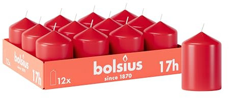 Bolsius Glatte Stumpenkerzen - Rot - 12 Stück - 8 x 6 cm - Dekorative Haushaltkerzen - Brenndauer 17 Stunden - Unparfümierte - Enthält Natürliches Pflanzenwachs - Ohne Palmöl