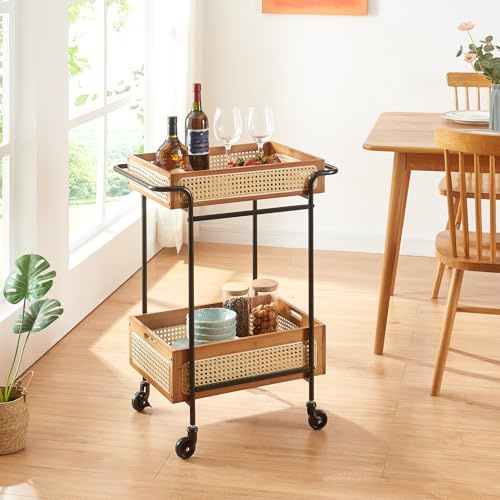 [en.casa] Servierwagen Tervola Rollwagen mit 2 Körben Küchenwagen Bambus mit Metallrahmen Küchenrollwagen 81 x 61 x 39 cm Beistellwagen für Badezimmer in Rattanoptik