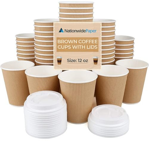 Nationwide Paper Ripple Takeaway Paper Coffee Cups with PS Plastic Lids [30 Cups - 8 OZ] Best for Hot Drinks, Brown