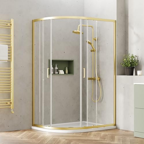 Balterley Offset Quadrant Shower Enclosure, 6mm Toughened Safety Shower Glass Cubicle Door, Bar Handle Sliding Glass Door, Reversible Enclosures for Showers - 1180 x 880 x 1900mm (Brushed Brass)