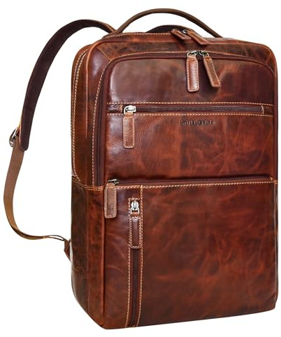 STILORD 'Brad' Leder Laptoprucksack 15,6 Zoll Vintage Business Rucksack Herren Damen Lederrucksack Groß für Arbeit Büro Reisen Hochwertiger Moderner Daypack Echtleder, Farbe:salerno - braun