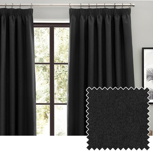 furn. Dawn Textured Blackout Pencil Pleat Curtains – Thermal Lined Pair (Black - Width 117 x Drop 137cm)