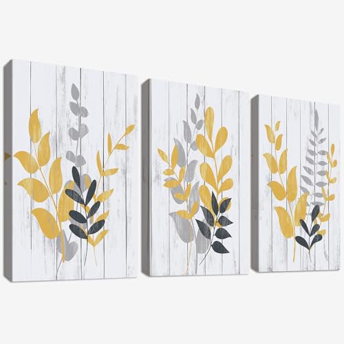 3Pcs Mit Rahmen Leinwand Bilder Gelbes Blatt Blume Bild auf Leinwand Malerei Rustikaler Graue und senfgelbe Olivenblätter Wandbilder Wohnzimmer Schlafzimmer Badezimmer Wanddeko 90x40cm (12x16x3pcs)