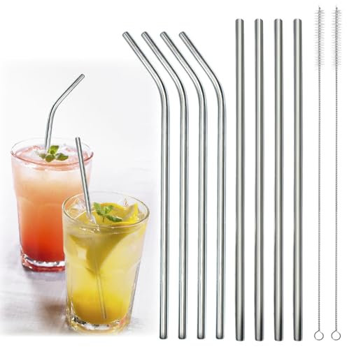 8 Stück Strohhalme Edelstahl für Stanley Cup, 304 Trinkhalme Edelstahl, 30CM Lange Silber Strohhalme mit 2 Reinigungspinsel, Wiederverwendbar Metallstrohhalme für Stanley Cup Zubehör