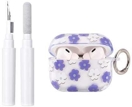 Reownest Hülle für AirPods Pro 2. / 1. Generation mit Reinigungsset, Süßes Transparentes Floral Blumenmuster, Stoßfest mit Schlüsselanhänger für AirPods Pro/Pro 2 – Blau