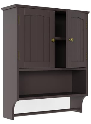 Semiocthome Badezimmerschrank Badschrank mit Handtuchhalter Küchenschrank Hängeschrank Wandschrank Medizinschrank mit 2 Türen und verstellbaren Einlegeböden LBH: 57cm x 19cm x 70cm - Braun
