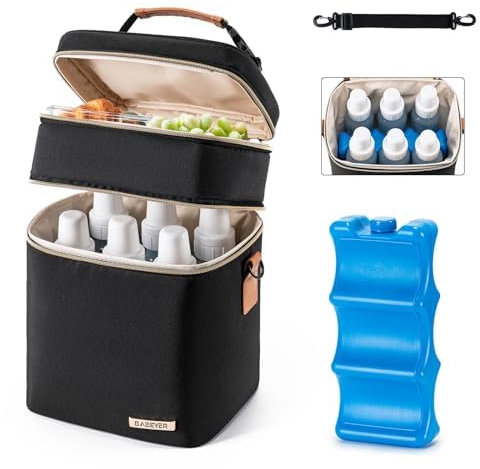BABEYER Breastmilk Cooler Bag with Ice Pack Fits 6 Baby Bottles Up to 9 Ounce, Double Deck Leak-Proof Baby Bottles Bag with Shoulder Strap for Nursing & Working Mom, Black