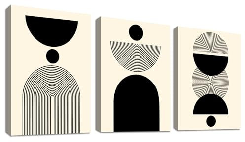 WENGTIAO 3 Pièces Boho Abstrait Géométrique Tableau Decoration Murale Encadré Toile Peinture Minimaliste Noir et Beige Decoration Murale Salon Maison Deco Chambre Prêt à Accrocher 40x60cmx3
