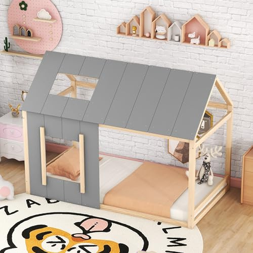 Hausbett im skandinavischen Stil, Massivholz Bettgestell mit Dach und Fenster, stabiles Flachbett im modernen Design, dekoratives Holzhaus Bett für Schlafzimmer