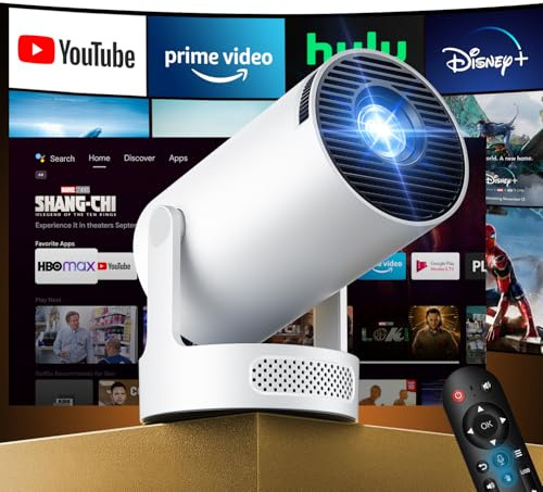 Kimwood Vidéoprojecteur Portable, [App intégrée] Mini Projecteur Video FHD 1080P avec Haut-parleur HiFi &Focale Ultra Courte Rétroprojecteur Android TV BT 5.4 Wi-Fi 6, Auto Correction Grand Projection