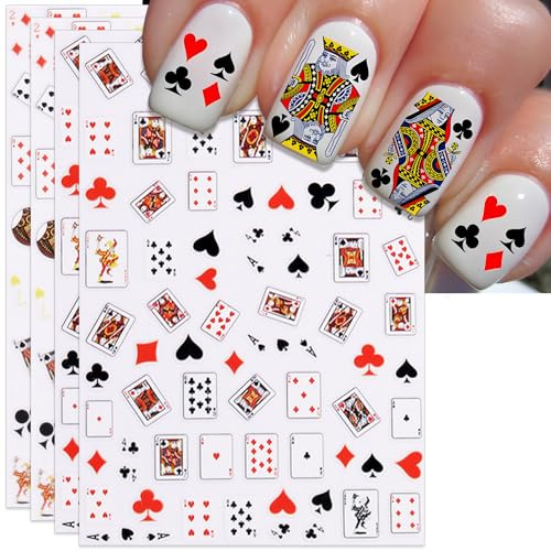 Yamobi Poker Nail Art Stickers,4 Sheets Classic Playing Cards, Nagelsticker Buchstaben,Karneval Nagelkunstaufkleber, Selbstklebend, Maniküre Aufkleber