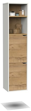 MUEBLES PITARCH Columna de Baño Colgada Herrajes incluidos, Armario de Baño con 4 estantes, 2 Puertas, Blanco/Roble Gold, 150x36,5x30cm (Alto x Ancho x Fondo), Mueble Auxiliar, Moderna, Modelo Nadia
