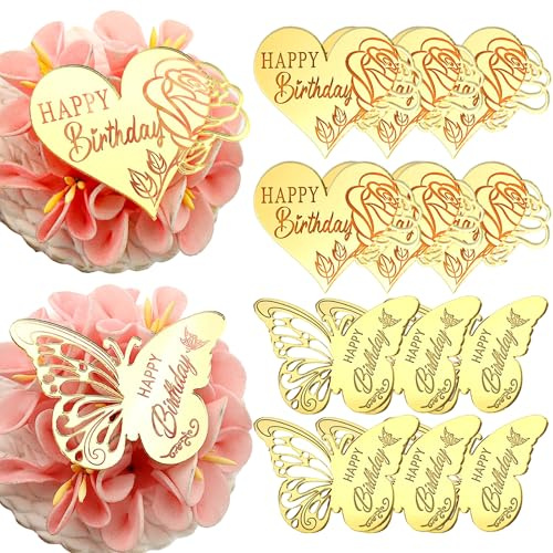 AiQi Bakes Happy Birthday Acrylic Cupcake Toppers, 12 Pcs