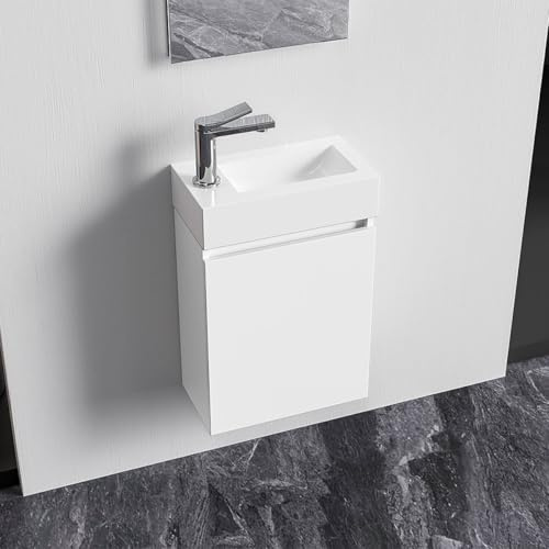 Belvit Badmöbel Set 40 cm, Weiß glänzend | Handwaschbecken aus Kunstmarmor 40,5 x 22,5 cm, MDF Unterschrank grifflos mit Soft Close Tür umkehrbar, Spiegel, wandhängend