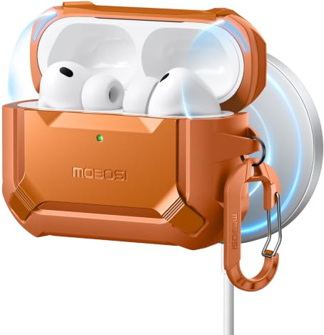 MOBOSI für AirPods Pro 3 Hülle Case mit Magnetisch Schluss,Orange | Kompatibel mit MagSafe,Militärschutz Stoßfest Schutzhülle Tasche mit Reinigungsset & Karabiner für airpod pro 3 case (2025)