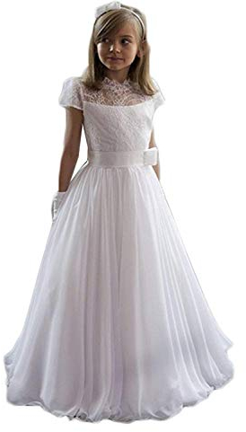 Carnivalprom Mädchen Prinzessin Blumenmädchenkleider Brautjungfern Kleider für Hochzeit Kinderkleid Spitze Kommunionkleid Mit Kurzarm Partyskleid(Elfenbein,10-11 Jahre)