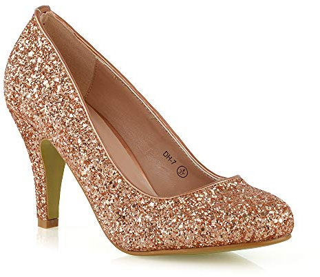 Womens Bridal Wedding Low Heel Sparkly Prom Party Court Shoes Size 3 4 5 6 7 8 (UK 7 / EU 40 / US 9, Rose Gold Glitter)