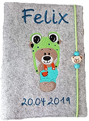 U-Hefthülle Uhefthülle U-Heft Bär Frosch mit Namen und Geburtsdatum bestickt Jungen oder Mädchen