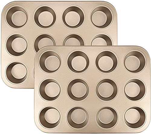 Tebery 2 Stück Muffinform für 12 Muffins, Backblech für Muffins Muffinblech, Cupcake Formen, Antihaftbeschichtet, Karbonstahl, goldfarben, 35.5x26.5x2.7cm