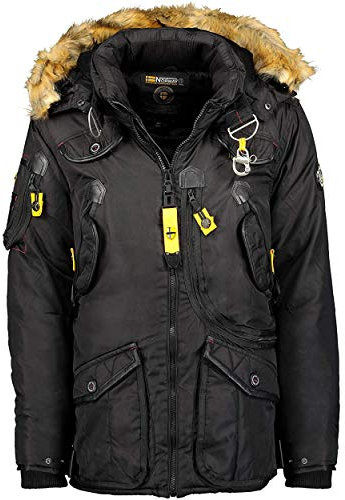 Geographical Norway Herren Winter-Jacke Parka Agaros mit großer Kunstfell-Kapuze (Schwarz, M)