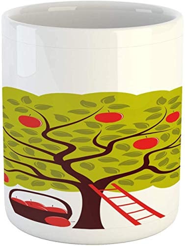 Apple Tree Mug,Cartoon Style Chestnut Brown Tone Trunk Basket and a Ladder,Ceramic Coffee Mug Cup for Water Tea Drinks,11 oz,White Multicolor
