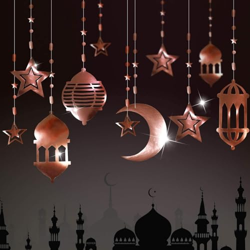 16 Stück Glänzende Rose Gold Stern Halbmond Laterne Ramadan Girlande EID Dekoration Home Happy Ramadan Mubarak Party Decor Hängende Luftschlangen Hintergrund Banner Kleiner Aladdin Arabien Muslim