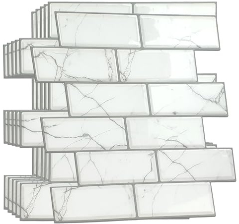 WALPLUS 3D Tile Stickers Peel and Stick Backsplash Splashback Decals Tile Transfer for Kitchen Bathroom Living Room Stick on Tile Waterproof White Marble Eclectic 60 Sheets 30.5x15.4cm