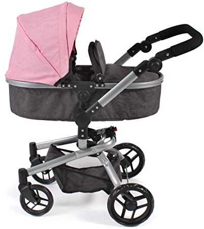 Puppenwagen Yolo, 2in1 Kombipuppenwagen für Kinder von 4 bis 8 Jahren, Melange Anthrazit-rosa