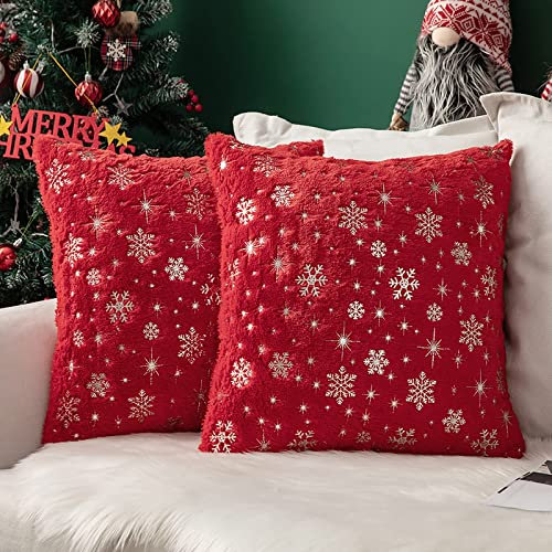 MIULEE 2er Set Kissenbezüge Weihnachten Kuschelkissen Flauschig Schneeflocken Dekokissen Sofakissen Plüschkissen Fellkissen Couchkissen Kissenhülle Zierkissenbezug für Wohnzimmer 40x40 cm Rot