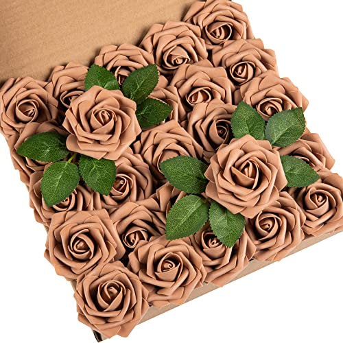 DuHouse 25 rose artificiali con gambi di fiori in schiuma vero tocco per bouquet di nozze fai da te, centrotavola per baby shower, composizione floreale, decorazione per la casa (caffè)