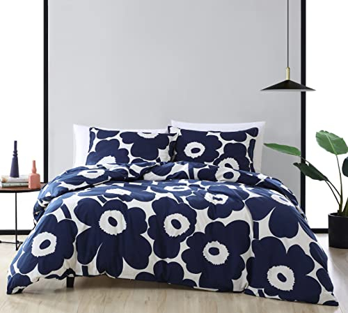 Marimekko Queen-Bettwäsche-Set, Baumwoll-Bettwäsche mit passenden Kissenbezügen und Knopfverschluss, Ganzjahresdekoration (Unikko Indigo, Queen)